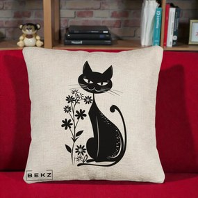 Perna Decorativa Pisica Neagra Grafica Minimalista, 40x40 cm, Bej Canapea, Husa Detasabila, Perna Inclusa, BEKZ®
