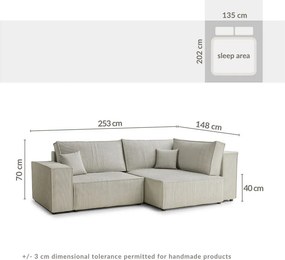 Colțar crem extensibil/cu spațiu de depozitare cu tapițerie din catifea reiată (cu colț pe partea dreaptă/în formă de ”L”) Tonga – Maison de Rêve