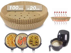 Set 100 forme din hartie Air Fryer Beper C103ACC001, Diametru 20 cm, Hartie de copt, Biodegradabile, Maro