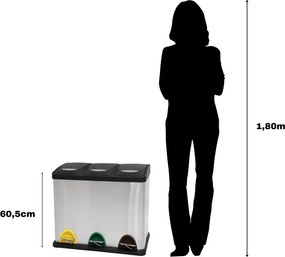 Coș de gunoi argintiu mat pentru reciclare/cu pedală 3x20 l din oțel Tri Selectif – MSV