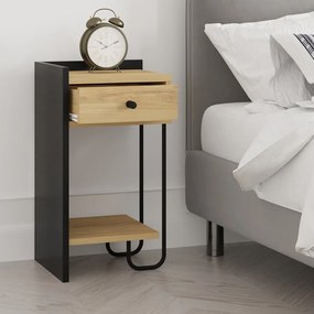 Noptieră neagră/în culoare naturală cu rafturi cu aspect de lemn de stejar Mercure – Marckeric