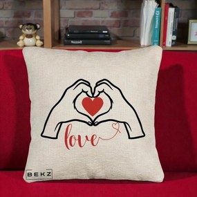 Perna Decorativa Love Maini Inima cu Inscriptie Love Rosu, 40x40 cm, Bej Canapea, Husa Detasabila, Perna Inclusa, BEKZ®