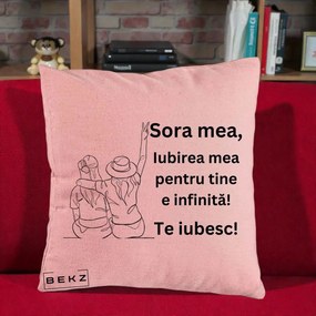 Cadou pentru Sora - Perna Personalizata Sora Mea Te Iubesc Line Art Portrete Colorate, 40x40 cm, Roz, Husa Detasabila, Perna Inclusa, BEKZ®