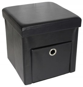 Taburet cu cutie de depozitare si sertar HouseXL™ 6100, Dimensiuni 38X38X38cm, Max 150 kg, Capac moale din piele ecologica, Negru