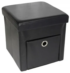 Taburet cu cutie de depozitare si sertar HouseXL™ 6100, Dimensiuni 38X38X38cm, Max 150 kg, Capac moale din piele ecologica, Negru
