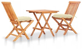 Set mobilier de bistro, 3 piese, cu perne crem, lemn masiv tec