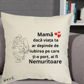 Cadou pentru Mama - Perna Personalizata Mama Nemuritoare Portret Graphic, 40x40 cm, Ecru, Husa Detasabila, Perna Inclusa, BEKZ®