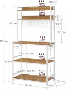 Etajera bucatarie cu 4 prize incluse, 80 x 40 x 170 cm, metal / PAL melaminat, maro / alb, Vasagle