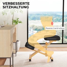 HOMCOM Scaun Ergonomic pentru Genunchi cu Înălțime Reglabilă din Lemn cu Rotile, 42x70x42-52 cm, Negru | Aosom Romania
