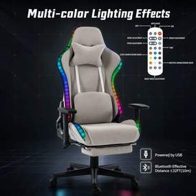 Scaun Gaming cu RGB, Iluminare LED Multicolor, Telecomanda, Cotiere 3D, Reclinare 180°, Suport Picioare, Catifea, Gri