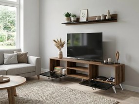 Comoda TV ZEN 160 cm cu polita de perete, decor nuc/marmura neagra