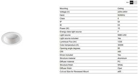 Spot LED baie incastrabil tavan IP54 DOP 15W 3000K alb