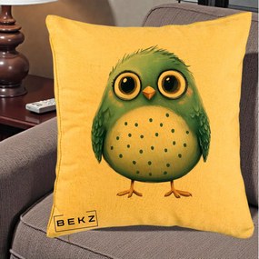 Perna Decorativa Pasare Teal cu Buline Teal, 40x40 cm, Galben, Husa Detasabila, Perna Inclusa, BEKZ®