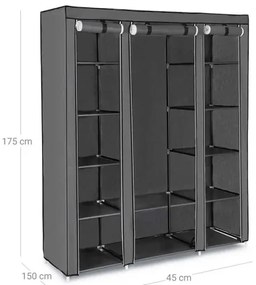 Dulap textil de depozitare MATIS 150x175 cm, gri, cu rafturi și bară pentru umerașe