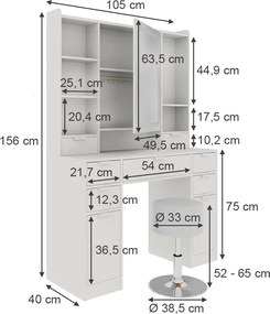Masuta machiaj cu Oglinda LED si 7 Sertare pentru Cosmetice, Set Masa toaleta 105 cm, Alb, masuta cosmetica, vanity - SEA810