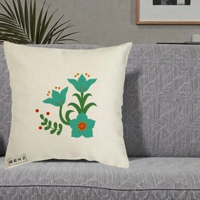 Perna Decorativa Flori Stilizate Folk Turcoaz, 40x40 cm, Ecru, Husa Detasabila, Perna Inclusa, BEKZ®