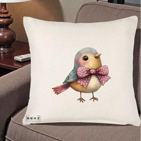 Perna Decorativa Pasare Bleu cu Fundita Roz, 40x40 cm, Crem Reliefat, Husa Detasabila, Perna Inclusa, BEKZ®