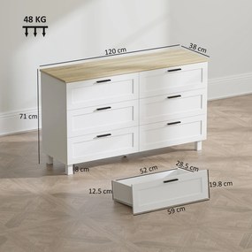 HOMCOM Comodă cu 6 Sertare Modernă din PAL, Lemn de Pin și MDF, 120x38x71 cm, Alb și Culoare Lemn | Aosom Romania