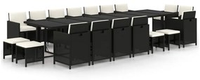 Set mobilier de gradina cu perne, 19 piese, negru, poliratan Negru si alb crem, 4x suport pentru picioare + 14x fotoliu + masa, 1