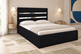 Pat tapițat din catifea Noren 140×200 cm, negru, detalii argintii, cu ladă de depozitare