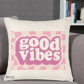 Perna Decorativa Good Vibes Retro Roz, 40x40 cm, Crem Reliefat, Husa Detasabila, Perna Inclusa, BEKZ®
