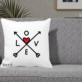 Perna Decorativa Love cu Sageti Incrucisate si Inima Rosie, 40x40 cm, Alba Mata, Husa Detasabila, Perna Inclusa, BEKZ®