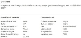 Lustra cu 4 Pendule minimaliste stil industrial Willa