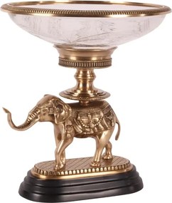 Bol decorativ din sticlă și alamă, auriu, pe picior în formă de elefant împodobit, 40 x 35 cm, „Maharaja”