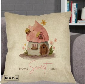 Perna Decorativa Home Sweet Home Casuta, 40x40 cm, Crem, Husa Detasabila, Perna Inclusa, BEKZ®