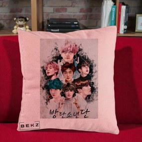 Perna Personalizata K-pop BTS Bangtan Boys Poster Artistic Negru Alb, 40x40 cm, Roz, Husa Detasabila, Perna Inclusa, BEKZ®