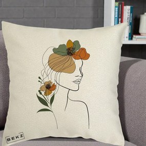Perna decorativa line art Portret Feminin Flori Multicolore, 40x40 cm cu Umplutura, Ecru, BEKZ