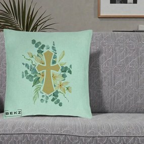Perna Personalizata Cruce Florala Botez, 40x40 cm, Verde Menta, Husa Detasabila, Perna Inclusa, BEKZ®