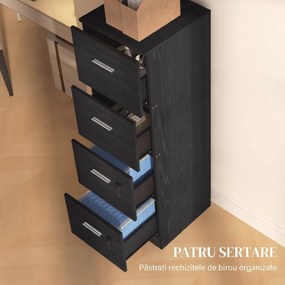 HOMCOM Dulap de Birou cu 4 Sertare, 2 Încuietori și Bare pentru Dosare Suspendate, cu Aspect de Lemn, 40x42x130,8 cm, Negru | Aosom Romania