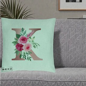 Cadou Personalizat - Perna Personalizata Monograma Rose Gold Litera K, 40x40 cm, Verde Menta, Husa Detasabila, Perna Inclusa, BEKZ®