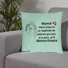 Cadou pentru Mama - Perna Personalizata Mama Nemuritoare cu Copilul in Poala, 40x40 cm, Verde Menta, Husa Detasabila, Perna Inclusa, BEKZ®