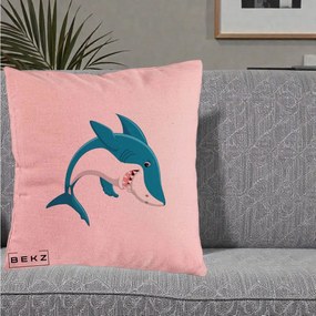 Perna Decorativa Rechin Albastru Cartoon, 40x40 cm, Roz, Husa Detasabila, Perna Inclusa, BEKZ®