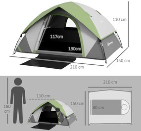 Outsunny Cort de Camping cu 3 Locuri, Geam din Plasă și Cârlig Felinar, Cort de Camping din PE, 270x210x150 cm, Verde | Aosom Romania