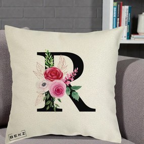 Cadou Personalizat - Perna Personalizata Monograma Florala Litera R, 40x40 cm, Ecru, Husa Detasabila, Perna Inclusa, BEKZ®