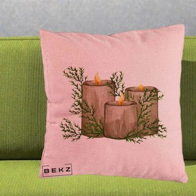 Perna Decorativa Lumanari Rustice cu Crengute Brad, 40x40 cm, Roz, Husa Detasabila, Perna Inclusa, BEKZ®