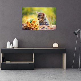 Tablou cu pisicuța uitându-se la floare (90x60 cm)
