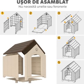 PawHut Căsuță pentru câini de talie medie și mare, ridicată, cu acoperiș înclinat, guri de aerisire și cuie, căsuță din PP, 88x78x89 cm, Bej și Maro Închis | Aosom Romania