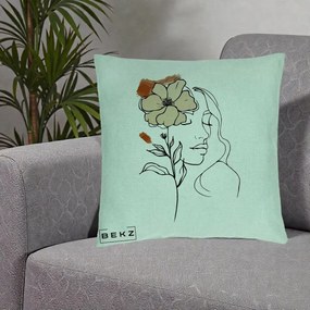 Perna Decorativa Portret Feminin Floare Bej Terracotta, 40x40 cm, Verde Menta, Husa Detasabila, Perna Inclusa, BEKZ®