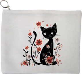 Portfard Cosmetice tip Plic, model Black Cat Blossom, 23x18 cm, Alb, BEKZ®