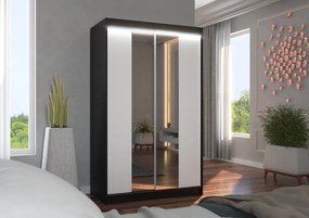 Dulap cu usi glisante si oglinda + iluminare LED, Marvin 120 + LED, 120 cmx200 cmx58 cm, ADRK Furniture (Culoare: Negru / Alb)