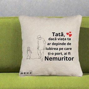 Cadou pentru Tata - Perna Personalizata Tata Nemuritor Joaca cu Mingea, 40x40 cm, Bej Canapea, Husa Detasabila, Perna Inclusa, BEKZ®