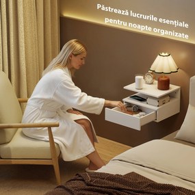 HOMCOM Set de 2 Noptiere Suspendate cu Sertar și Raft Deschis, 35x32x22.5 cm, Alb | Aosom Romania