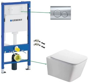 Set vas wc suspendat dreptunghiular rimless cu capac soft close, clapeta crom Duofix, rezervor wc incastrat Geberit