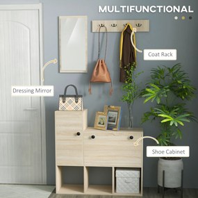 HOMCOM Mobilier pentru Hol cu Depozitare pentru 9 Perechi de Pantofi, Oglindă, Dulap, Rafturi și 4 Cârlige, 90x30x87 cm, Lemn Natural | Aosom Romania