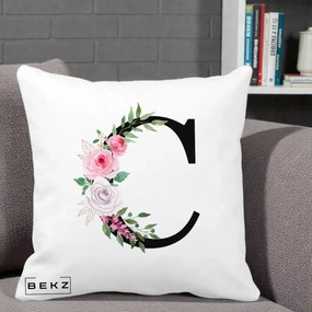 Cadou Personalizat - Perna Personalizata Monograma Florala Litera C, 40x40 cm, Alba Mata, Husa Detasabila, Perna Inclusa, BEKZ®