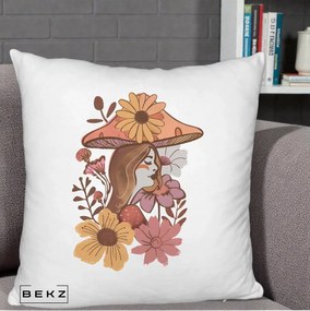 Perna Decorativa Fata Ciuperca Florala Boho, 40x40 cm, Alb Pufos, Husa Detasabila, Perna Inclusa, BEKZ®